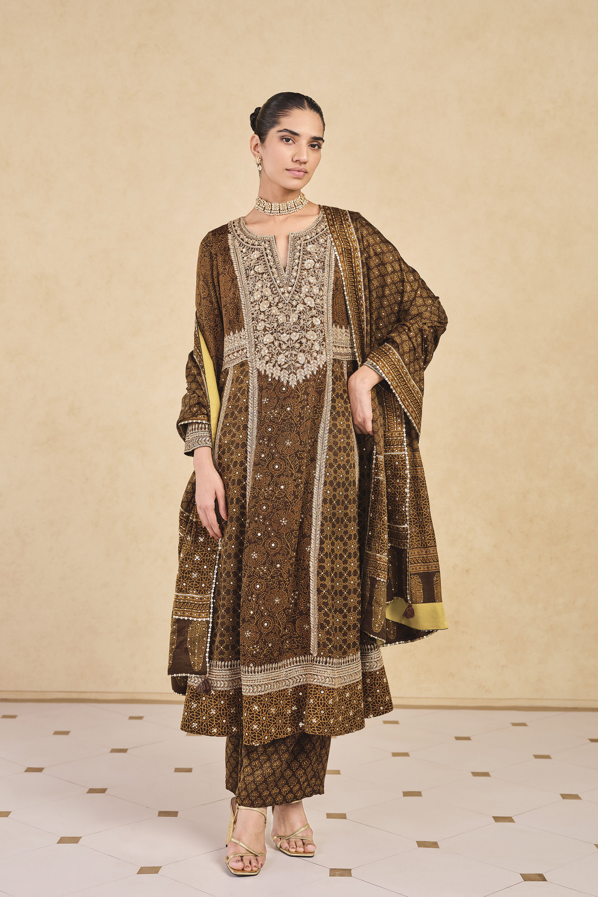 Marfa Ajrakh Hand-block Printed Silk Suit Set - Olive
